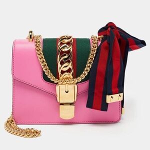 GUCCI Mini Sylvie Pink Calfskin Leather Bag w/ Sherry Web Strap & Gold Hardware